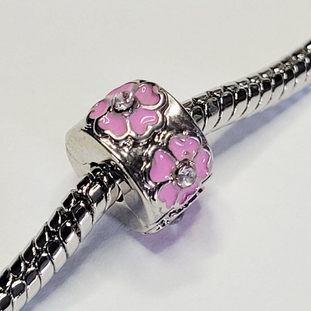 NWT For Pandora Bracelet Silver and Pink Hibiscus Flower Stopper Clip Charm